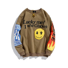 Load image into Gallery viewer, Harajuku Retro Smiley Flame Print Round Neck Sweatshirt
